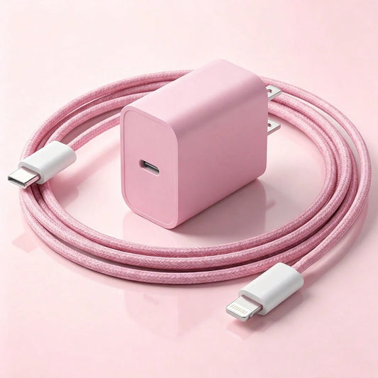 20W Wall Fast Charging Set Pink Charging Adapter, With 3.3FT/100cm Long Nylon Braided Charging Cable Anti-Tangle Data Cable USB-C To Apple IOS Charging Set, Compatible With IPhone 14 13 12 11 Pro Max