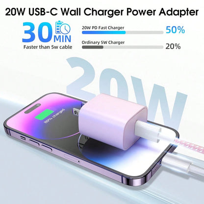 20W Wall Fast Charging Set Pink Charging Adapter, With 3.3FT/100cm Long Nylon Braided Charging Cable Anti-Tangle Data Cable USB-C To Apple IOS Charging Set, Compatible With IPhone 14 13 12 11 Pro Max
