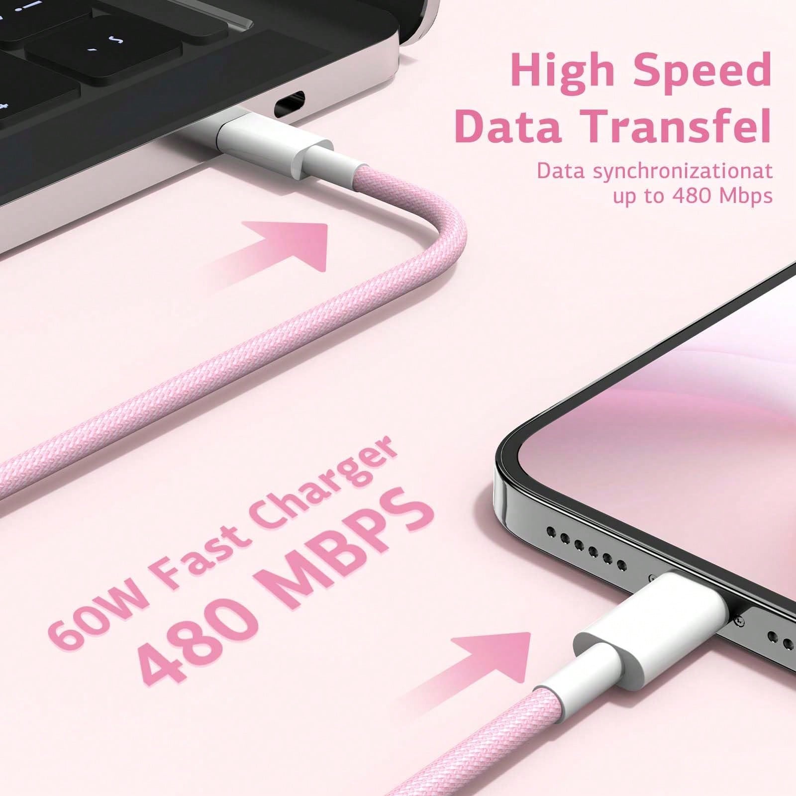 20W Wall Fast Charging Set Pink Charging Adapter, With 3.3FT/100cm Long Nylon Braided Charging Cable Anti-Tangle Data Cable USB-C To Apple IOS Charging Set, Compatible With IPhone 14 13 12 11 Pro Max