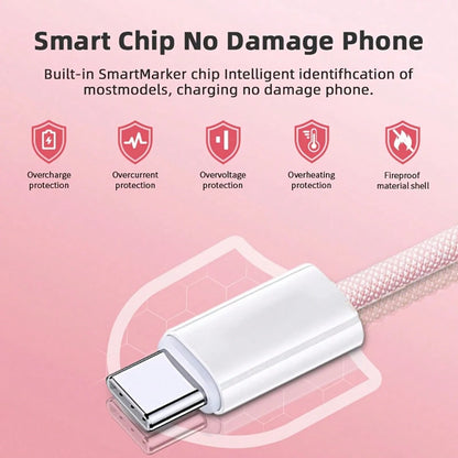 20W Wall Fast Charging Set Pink Charging Adapter, With 3.3FT/100cm Long Nylon Braided Charging Cable Anti-Tangle Data Cable USB-C To Apple IOS Charging Set, Compatible With IPhone 14 13 12 11 Pro Max