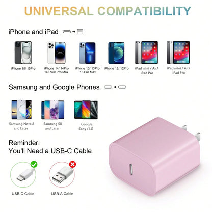 20W Wall Fast Charging Set Pink Charging Adapter, With 3.3FT/100cm Long Nylon Braided Charging Cable Anti-Tangle Data Cable USB-C To Apple IOS Charging Set, Compatible With IPhone 14 13 12 11 Pro Max