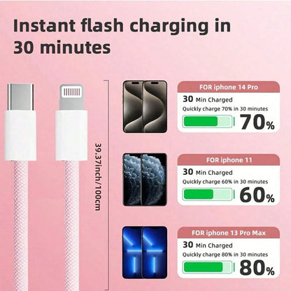 20W Wall Fast Charging Set Pink Charging Adapter, With 3.3FT/100cm Long Nylon Braided Charging Cable Anti-Tangle Data Cable USB-C To Apple IOS Charging Set, Compatible With IPhone 14 13 12 11 Pro Max