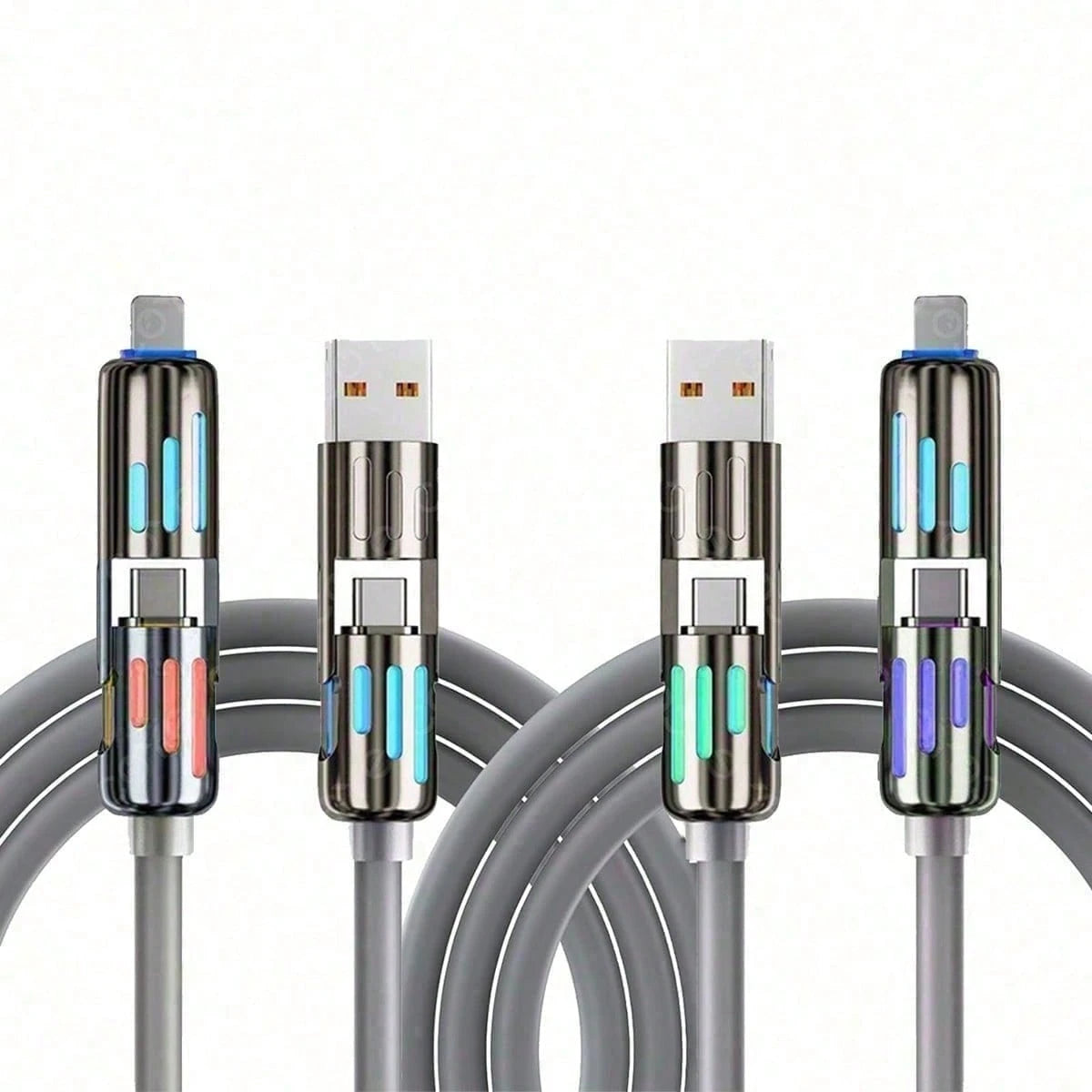 240W 4-In-1 Universal USB Charging Cable [2 Pack] – Fast Charger Cord With USB-A, Dual USB-C & Lighting, For IPhone 14/15/16/17 Series, IPad & & Mor