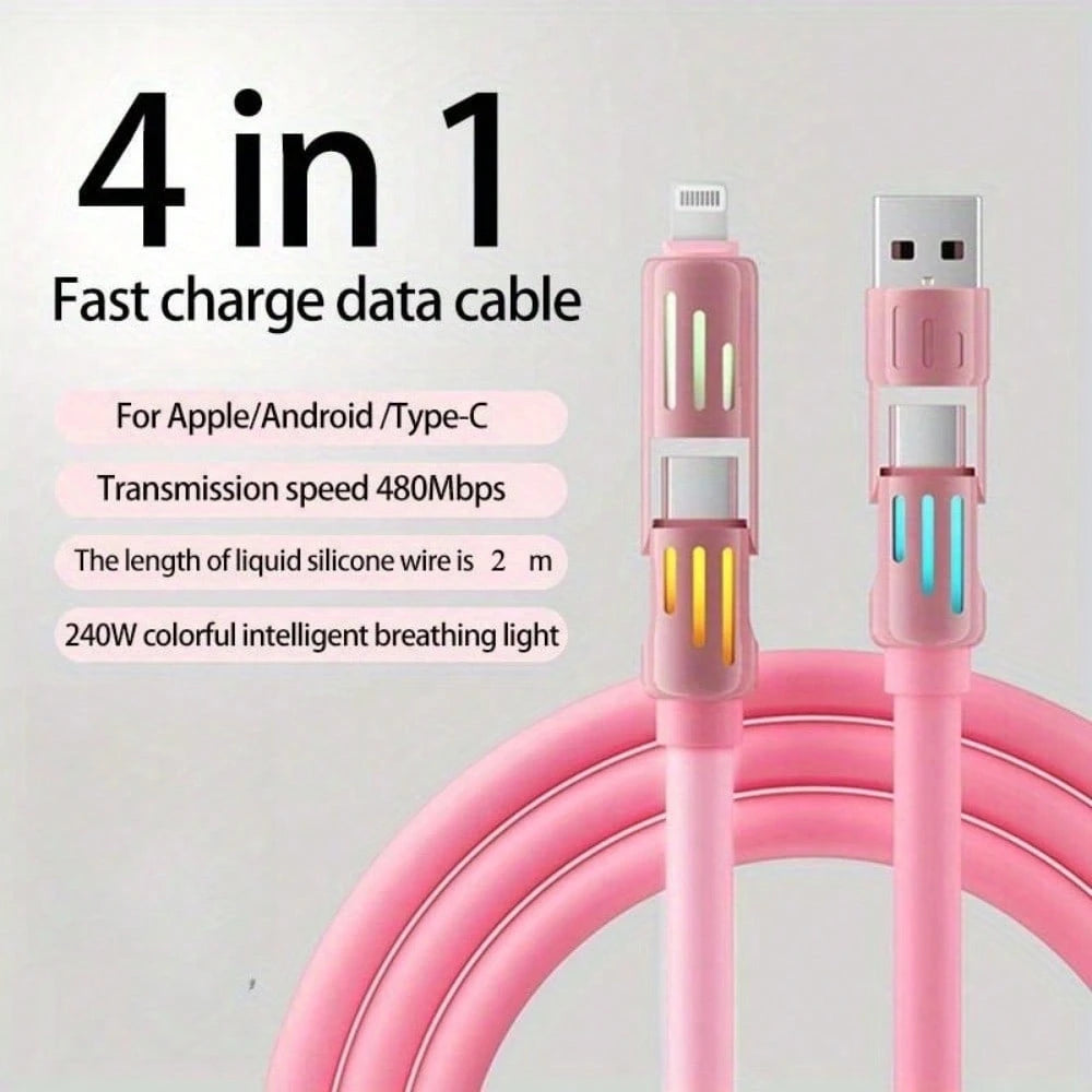 240W 4-In-1 USB C Cable, PD 5A Multi Fast Charging Cable With Breathing Light, Braided PVC & Zinc Alloy USB-A To Dual Type-C Data Cord, Versatile Connectivity| Stylish Breathing Light| Zinc Alloy Sh