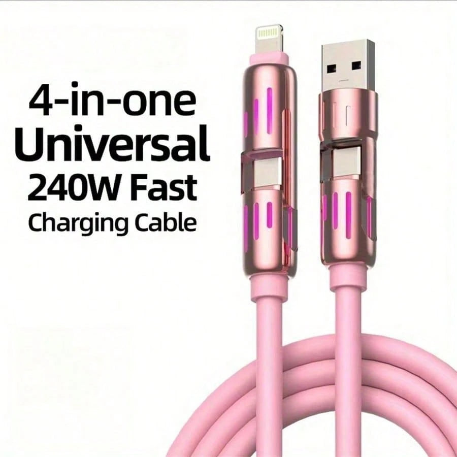 240W 4-In-1 USB C Cable, PD 5A Multi Fast Charging Cable With Breathing Light, Braided PVC & Zinc Alloy USB-A To Dual Type-C Data Cord, Versatile Connectivity| Stylish Breathing Light| Zinc Alloy Sh