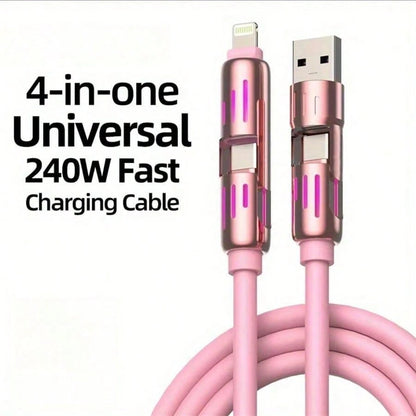 240W 4-In-1 USB C Cable, PD 5A Multi Fast Charging Cable With Breathing Light, Braided PVC & Zinc Alloy USB-A To Dual Type-C Data Cord, Versatile Connectivity| Stylish Breathing Light| Zinc Alloy Sh