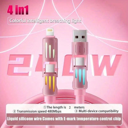 240W 4-In-1 USB C Cable, PD 5A Multi Fast Charging Cable With Breathing Light, Braided PVC & Zinc Alloy USB-A To Dual Type-C Data Cord, Versatile Connectivity| Stylish Breathing Light| Zinc Alloy Sh