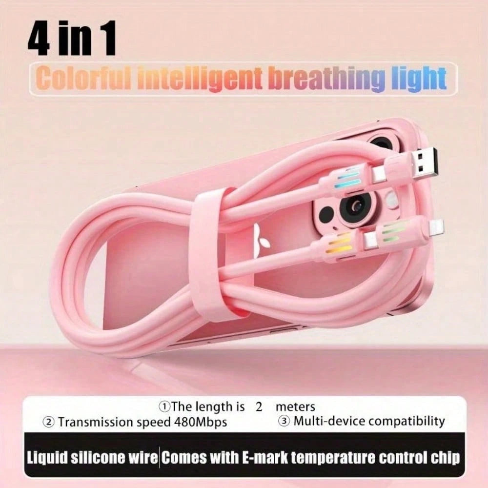 240W 4-In-1 USB C Cable, PD 5A Multi Fast Charging Cable With Breathing Light, Braided PVC & Zinc Alloy USB-A To Dual Type-C Data Cord, Versatile Connectivity| Stylish Breathing Light| Zinc Alloy Sh