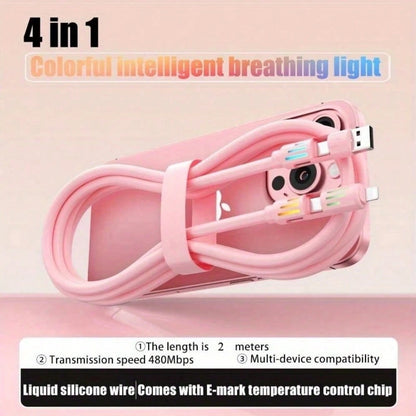 240W 4-In-1 USB C Cable, PD 5A Multi Fast Charging Cable With Breathing Light, Braided PVC & Zinc Alloy USB-A To Dual Type-C Data Cord, Versatile Connectivity| Stylish Breathing Light| Zinc Alloy Sh