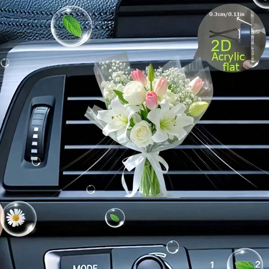 2D Acrylic Flower Bouquet Car Air Vent Clip Mini Artificial Flower Bouquet Car Vent Decor, Flat Acrylic Car Air Freshener Clip, Vehicle Interior Ornament