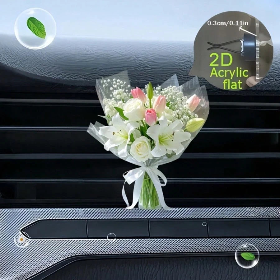 2D Acrylic Flower Bouquet Car Air Vent Clip Mini Artificial Flower Bouquet Car Vent Decor, Flat Acrylic Car Air Freshener Clip, Vehicle Interior Ornament