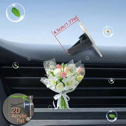 2D Acrylic Flower Bouquet Car Air Vent Clip Mini Artificial Flower Bouquet Car Vent Decor, Flat Acrylic Car Air Freshener Clip, Vehicle Interior Ornament