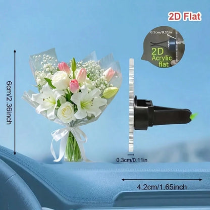 2D Acrylic Flower Bouquet Car Air Vent Clip Mini Artificial Flower Bouquet Car Vent Decor, Flat Acrylic Car Air Freshener Clip, Vehicle Interior Ornament
