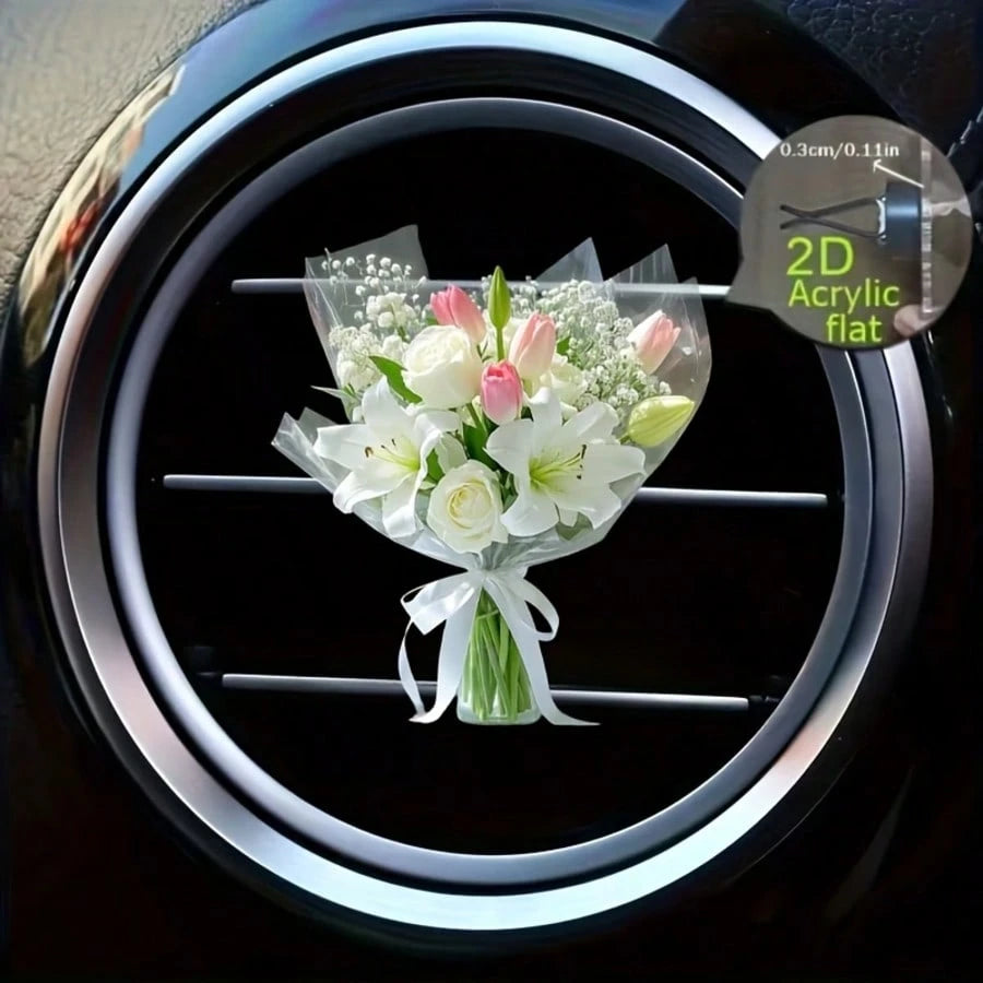 2D Acrylic Flower Bouquet Car Air Vent Clip Mini Artificial Flower Bouquet Car Vent Decor, Flat Acrylic Car Air Freshener Clip, Vehicle Interior Ornament