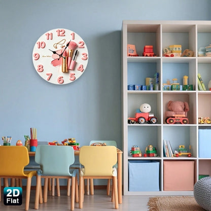 2D Design, 1 Pink Lipstick Makeup Brush And A Wooden Nursery Wall Clock With A Jewelry And Beauty Theme, Charming Girl Style