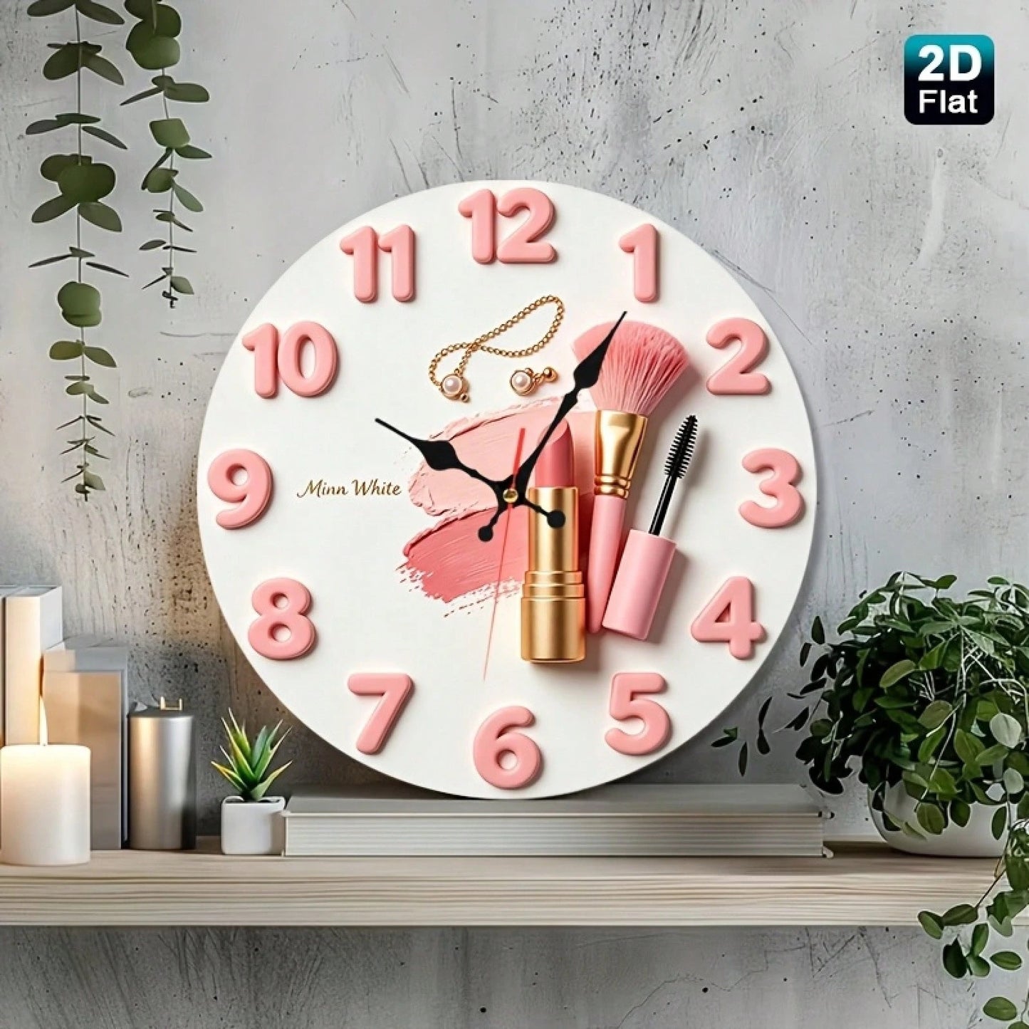 2D Design, 1 Pink Lipstick Makeup Brush And A Wooden Nursery Wall Clock With A Jewelry And Beauty Theme, Charming Girl Style