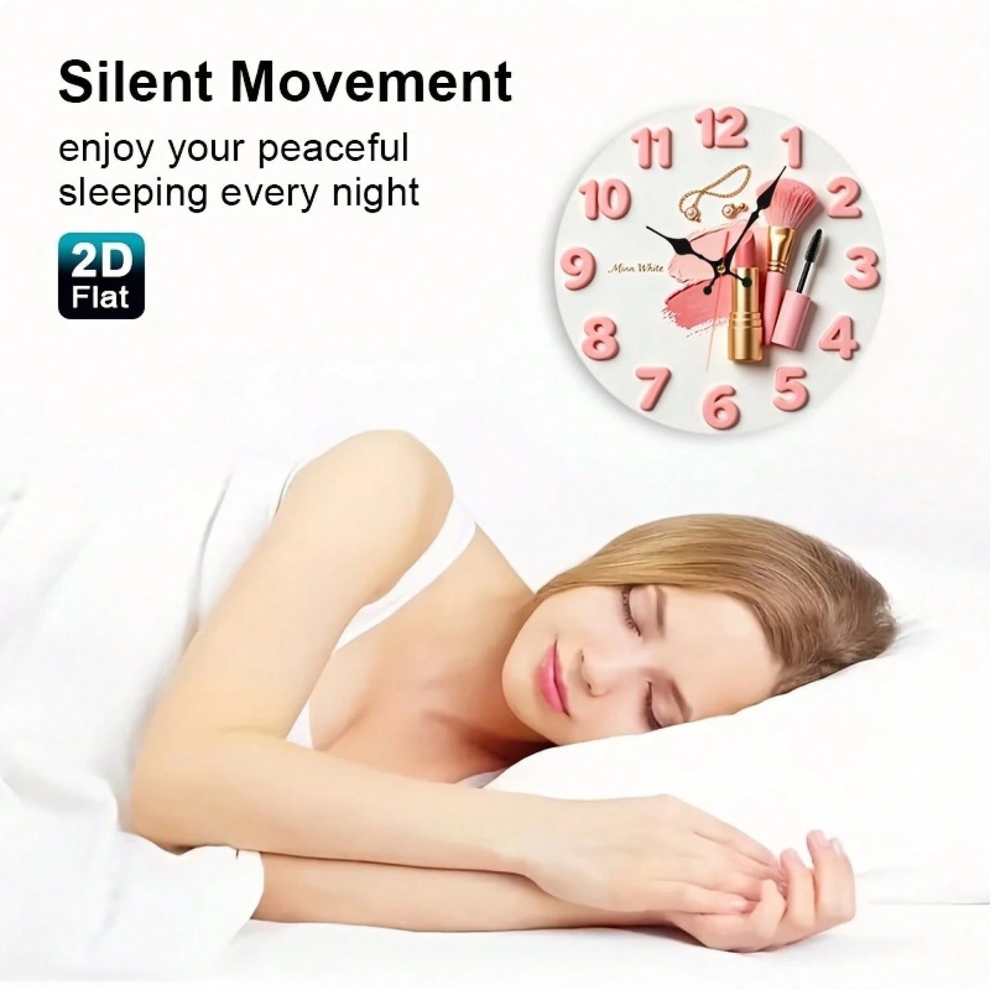 2D Design, 1 Pink Lipstick Makeup Brush And A Wooden Nursery Wall Clock With A Jewelry And Beauty Theme, Charming Girl Style