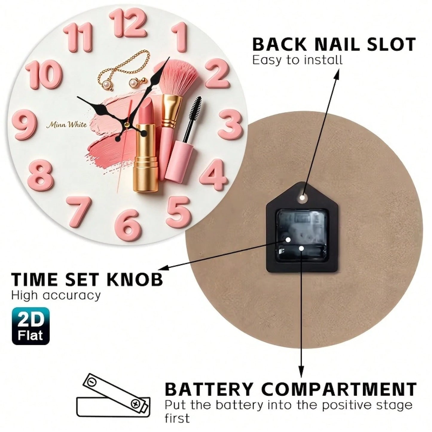 2D Design, 1 Pink Lipstick Makeup Brush And A Wooden Nursery Wall Clock With A Jewelry And Beauty Theme, Charming Girl Style
