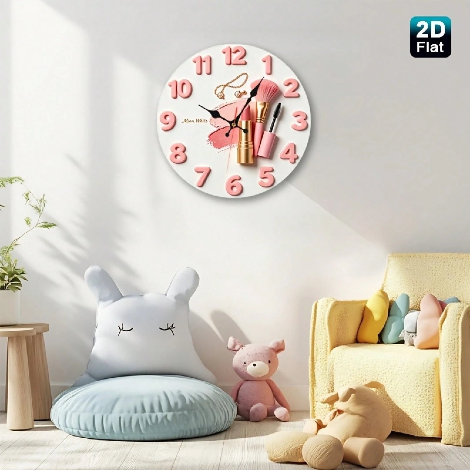 2D Design, 1 Pink Lipstick Makeup Brush And A Wooden Nursery Wall Clock With A Jewelry And Beauty Theme, Charming Girl Style