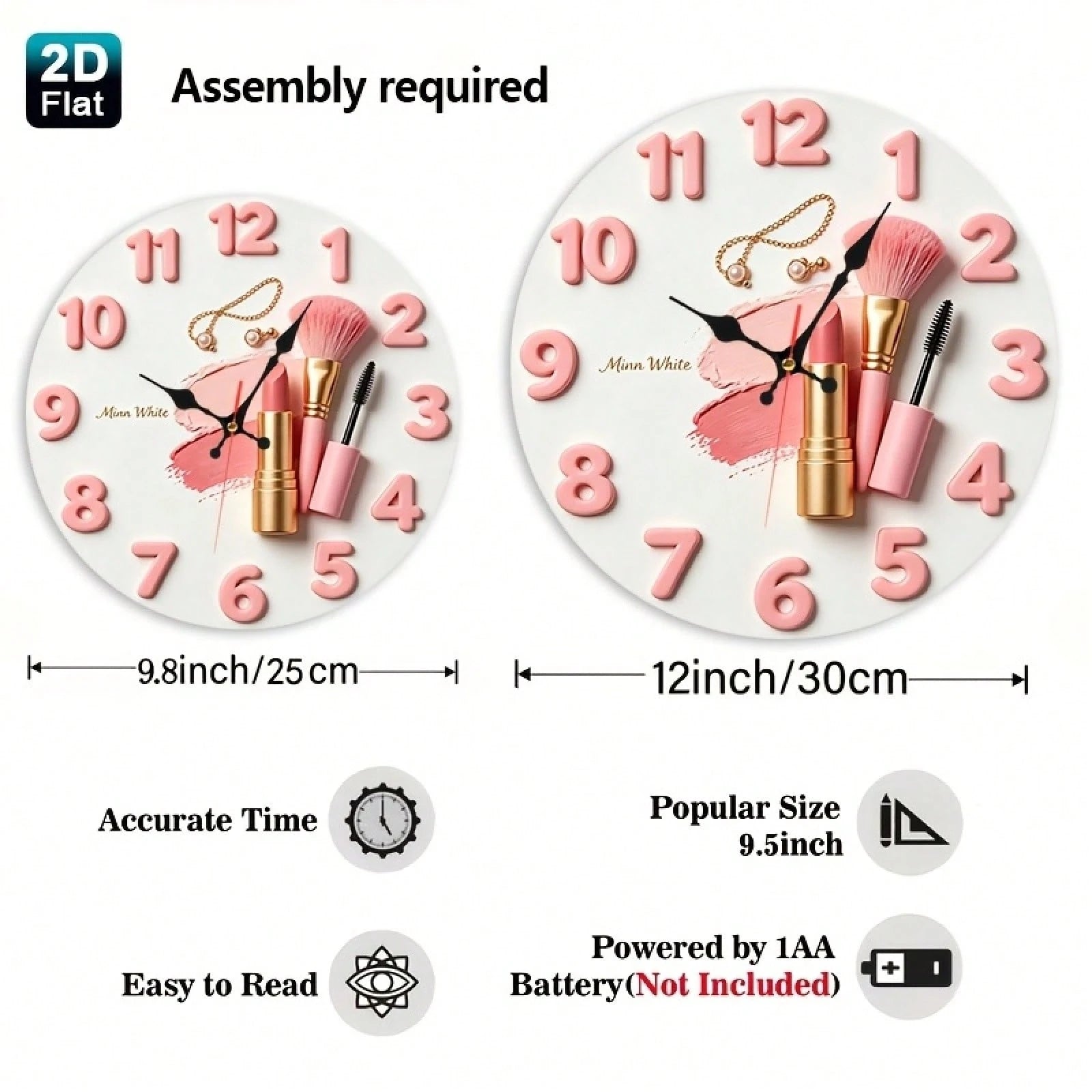 2D Design, 1 Pink Lipstick Makeup Brush And A Wooden Nursery Wall Clock With A Jewelry And Beauty Theme, Charming Girl Style