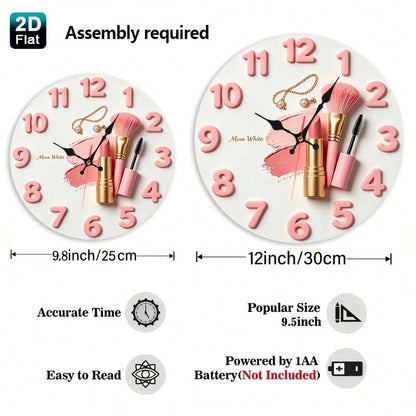 2D Design, 1 Pink Lipstick Makeup Brush And A Wooden Nursery Wall Clock With A Jewelry And Beauty Theme, Charming Girl Style