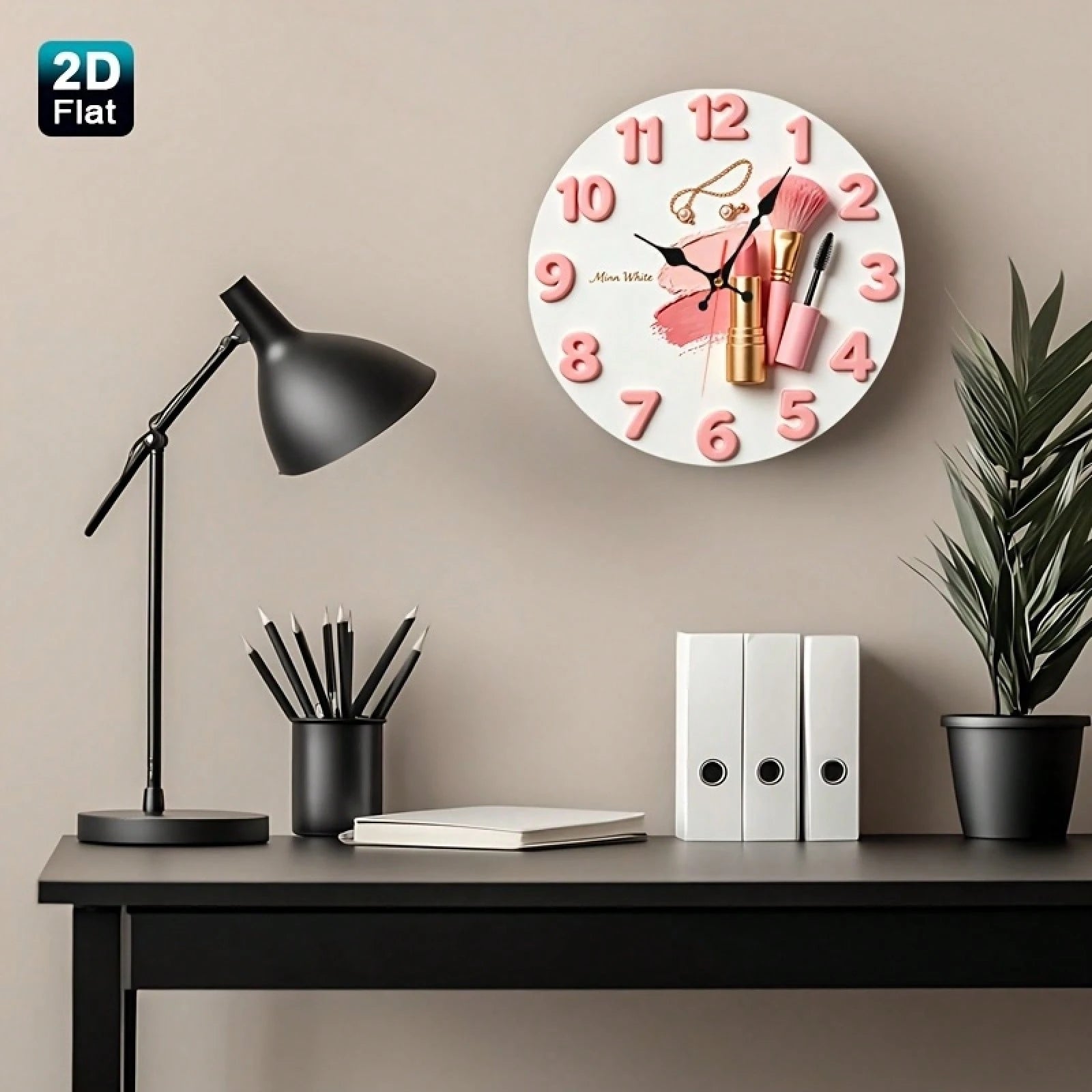 2D Design, 1 Pink Lipstick Makeup Brush And A Wooden Nursery Wall Clock With A Jewelry And Beauty Theme, Charming Girl Style