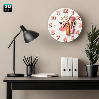2D Design, 1 Pink Lipstick Makeup Brush And A Wooden Nursery Wall Clock With A Jewelry And Beauty Theme, Charming Girl Style