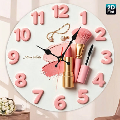 2D Design, 1 Pink Lipstick Makeup Brush And A Wooden Nursery Wall Clock With A Jewelry And Beauty Theme, Charming Girl Style