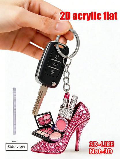 2D Flat Acrylic Rose Red Rhinestone High Heel Shoe Keychain, Sweet Sparkling Pendant, Backpack And Phone Decoration, Girl Heart-Shaped Gift, Key Chain Gift, Suitable For Handbags, Wallets, Backpacks