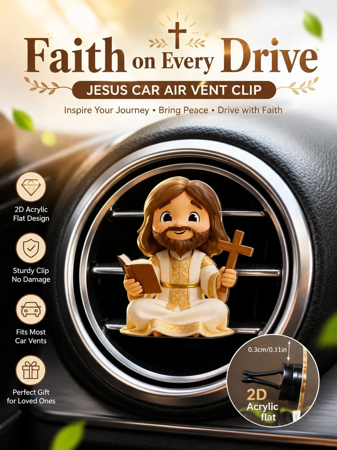 2D (Non-3D) Car Air Vent Clip- Jesus Cross Decor, Fashionable Interior Accessory, Aroma Diffuser (Random Fragrance), Cute Car Decoration, Perfect Neutral Holiday Gift