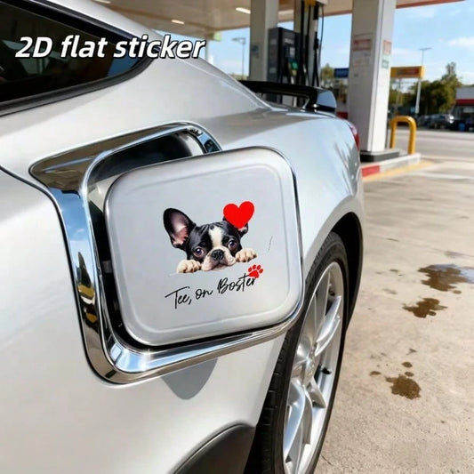 2D Plane, A 2D Plane Sticker, Boston Terrier Puppies Sticking Out From The Edge, With Red Hearts And Paw Prints, Car Fuel Tank Cover Sticker, Used For Vehicle Exterior Decoration, 2D Plane Scrapbook S