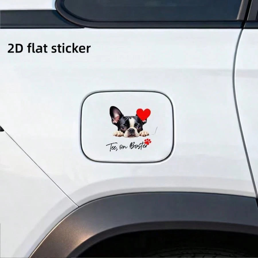 2D Plane, A 2D Plane Sticker, Boston Terrier Puppies Sticking Out From The Edge, With Red Hearts And Paw Prints, Car Fuel Tank Cover Sticker, Used For Vehicle Exterior Decoration, 2D Plane Scrapbook S