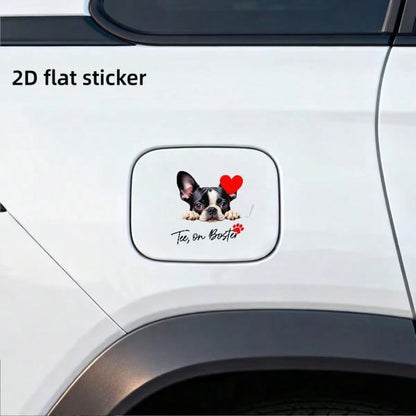 2D Plane, A 2D Plane Sticker, Boston Terrier Puppies Sticking Out From The Edge, With Red Hearts And Paw Prints, Car Fuel Tank Cover Sticker, Used For Vehicle Exterior Decoration, 2D Plane Scrapbook S