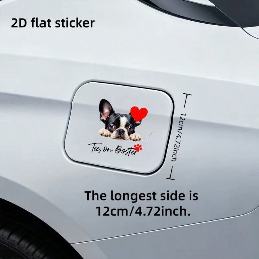 2D Plane, A 2D Plane Sticker, Boston Terrier Puppies Sticking Out From The Edge, With Red Hearts And Paw Prints, Car Fuel Tank Cover Sticker, Used For Vehicle Exterior Decoration, 2D Plane Scrapbook S