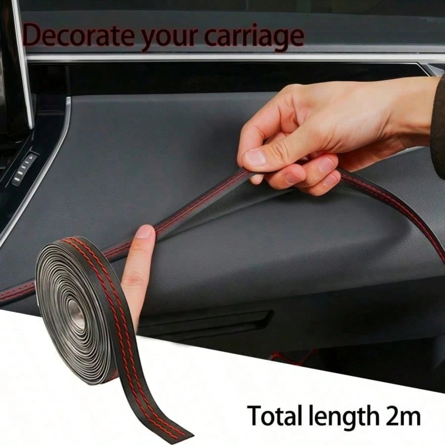2m Car Faux Leather Stitching Decorative Strip, Automotive Center Console Door Panel Gap Embedded Interior Trim, Red Stitching Luxury Style Car Interior Detail Enhancement Strip, Freely Cuttable To Fi