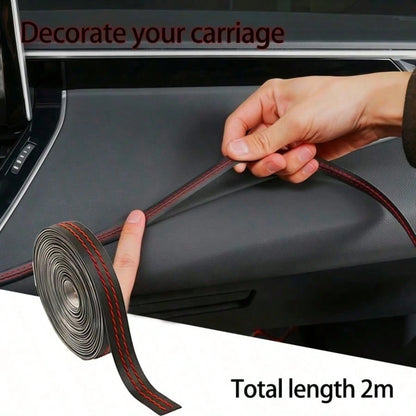 2m Car Faux Leather Stitching Decorative Strip, Automotive Center Console Door Panel Gap Embedded Interior Trim, Red Stitching Luxury Style Car Interior Detail Enhancement Strip, Freely Cuttable To Fi