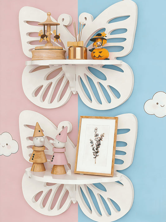 2pc Butterfly Shaped Nursery Wall Deor Floating Shelf, Cute Wall Display Rack For Kid's Room, Small Decorative Shelf Wall Mounted