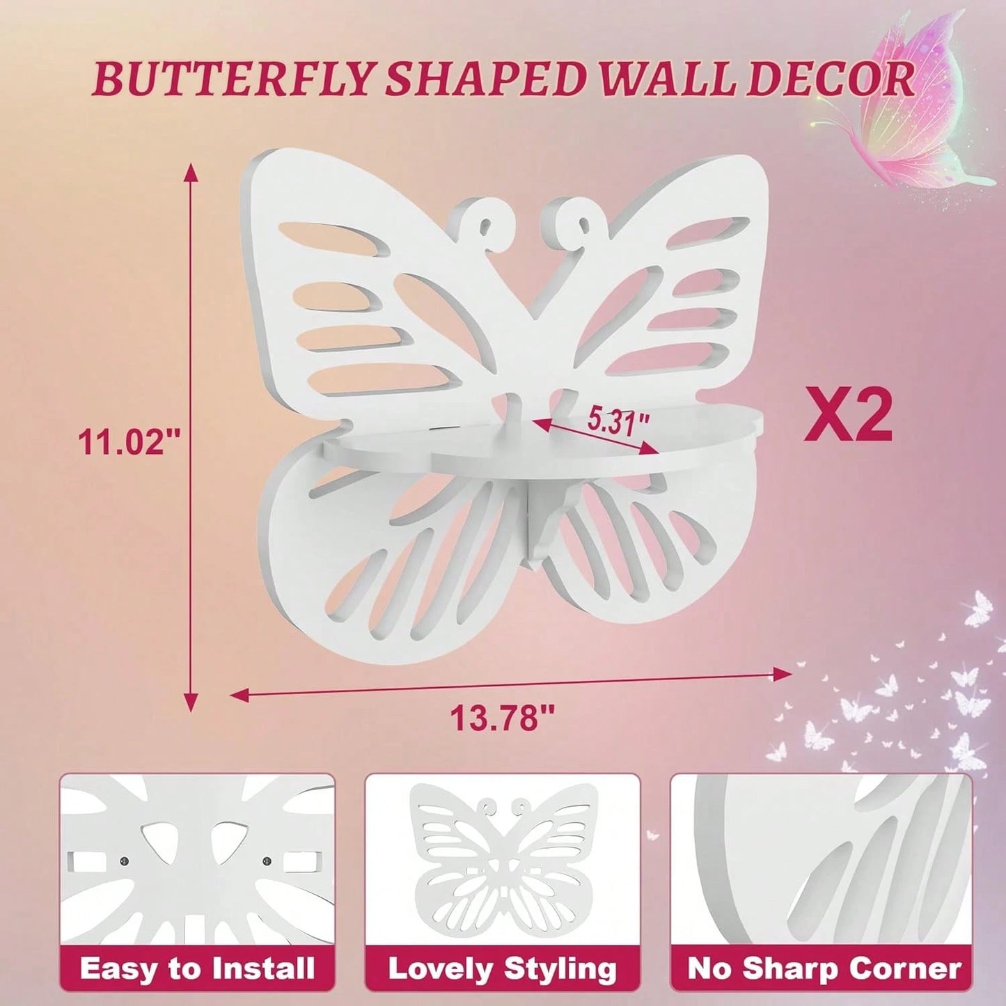 2pc Butterfly Shaped Nursery Wall Deor Floating Shelf, Cute Wall Display Rack For Kid's Room, Small Decorative Shelf Wall Mounted