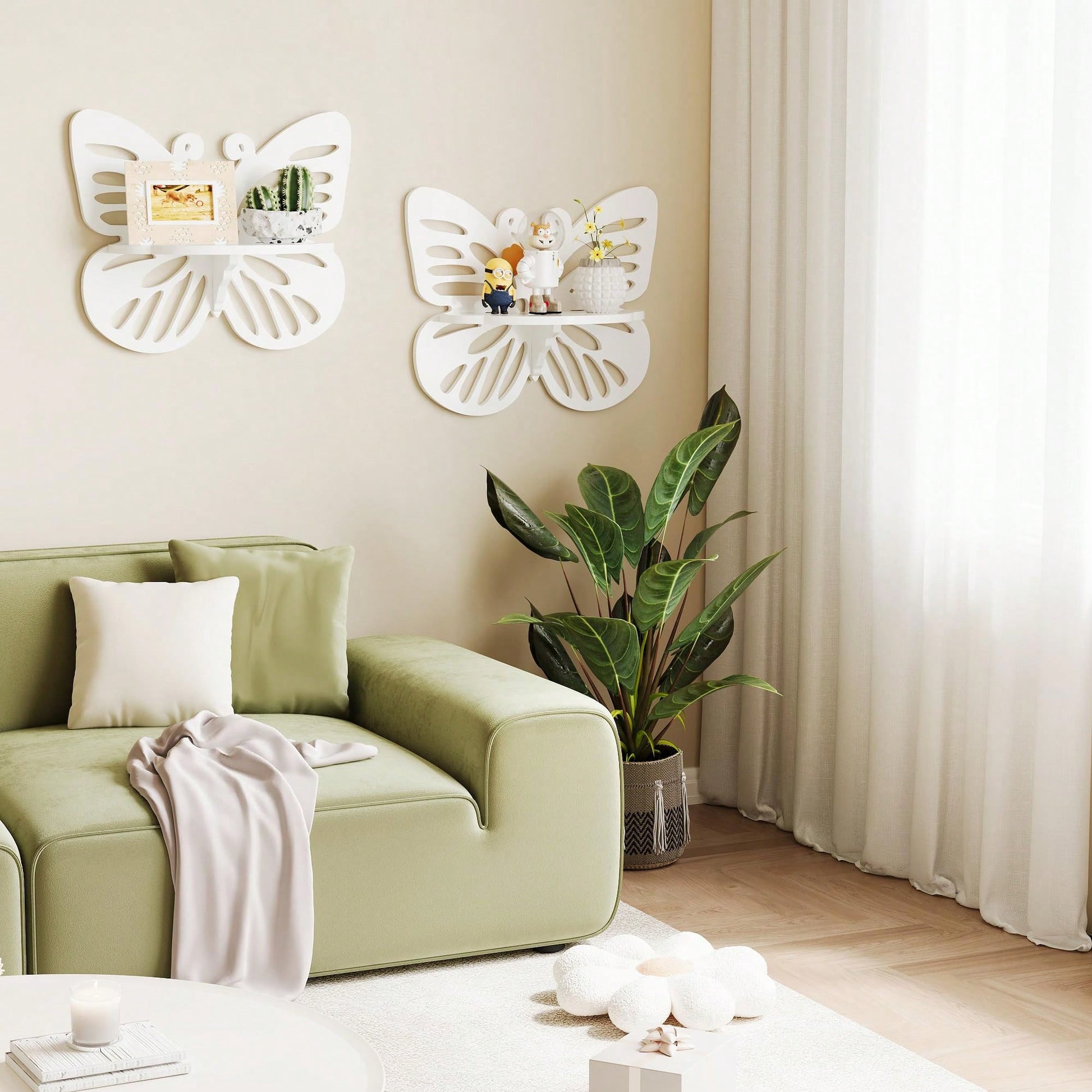 2pc Butterfly Shaped Nursery Wall Deor Floating Shelf, Cute Wall Display Rack For Kid's Room, Small Decorative Shelf Wall Mounted