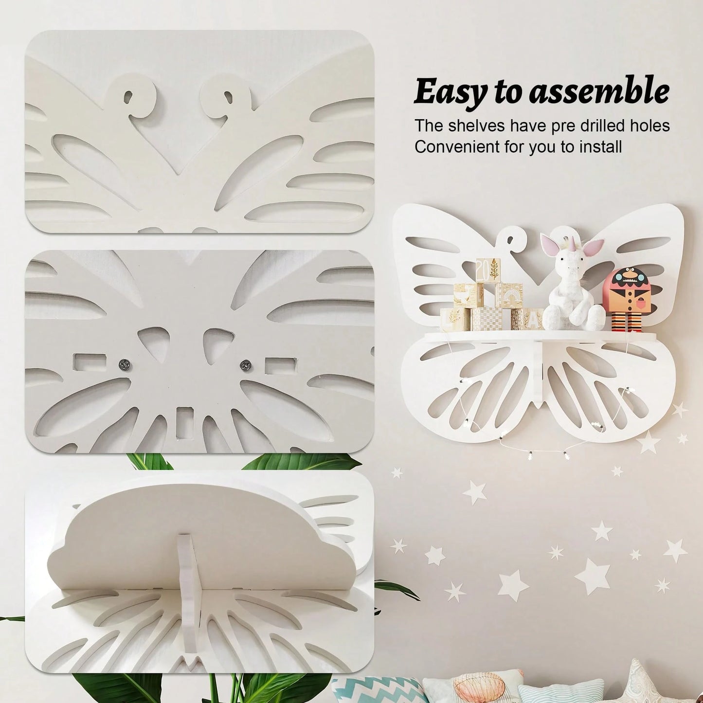 2pc Butterfly Shaped Nursery Wall Deor Floating Shelf, Cute Wall Display Rack For Kid's Room, Small Decorative Shelf Wall Mounted