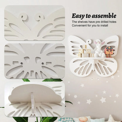 2pc Butterfly Shaped Nursery Wall Deor Floating Shelf, Cute Wall Display Rack For Kid's Room, Small Decorative Shelf Wall Mounted