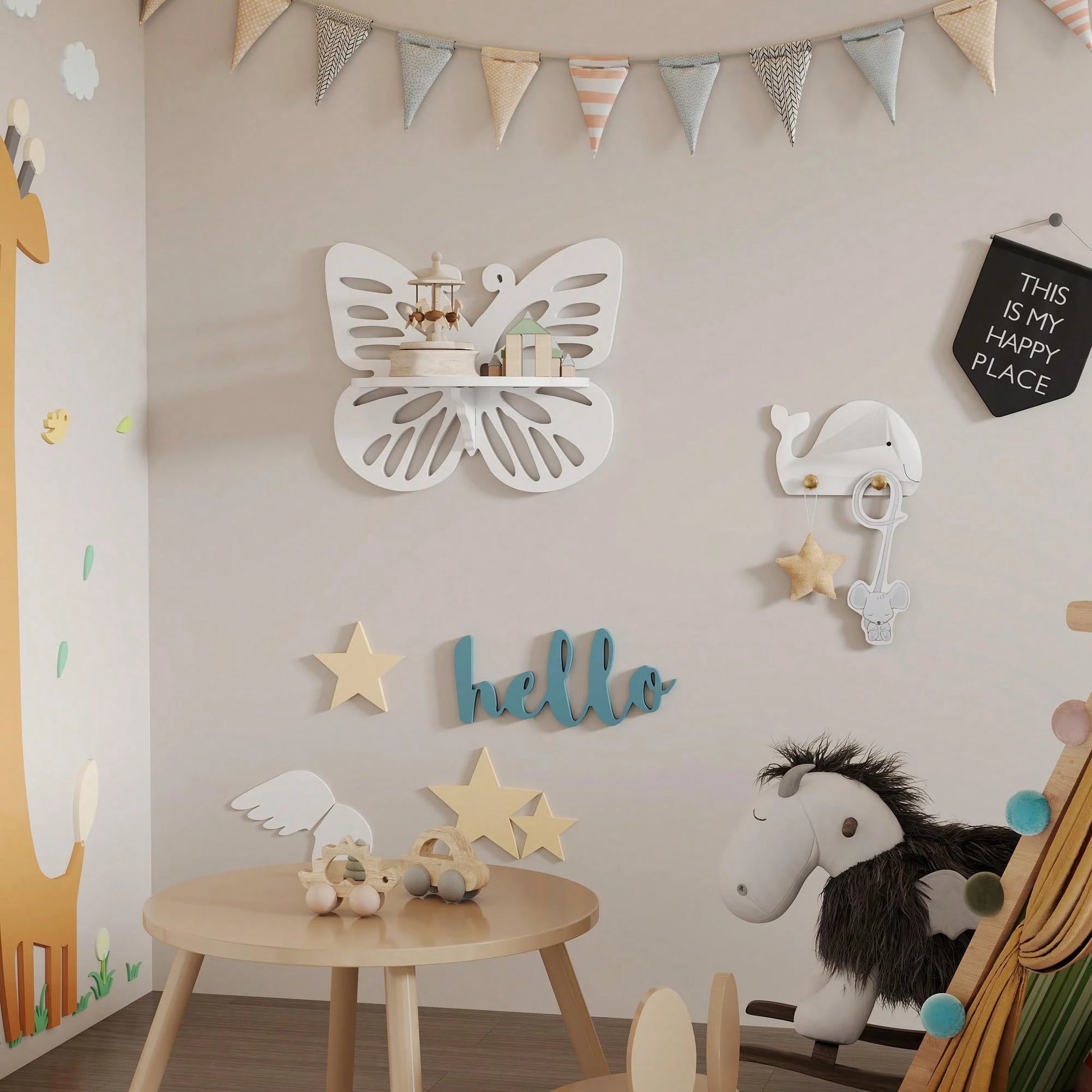 2pc Butterfly Shaped Nursery Wall Deor Floating Shelf, Cute Wall Display Rack For Kid's Room, Small Decorative Shelf Wall Mounted