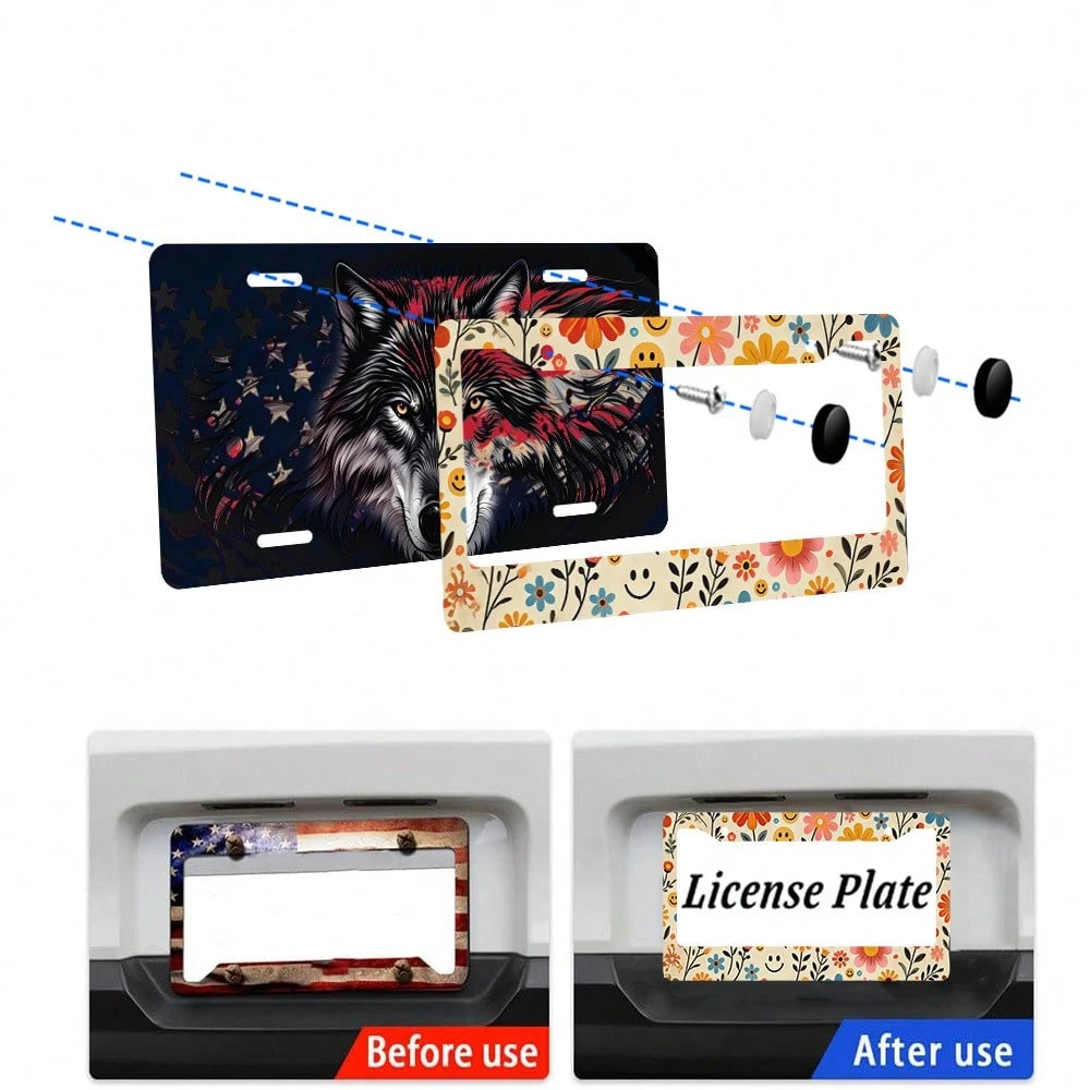 2PC Retro Flowers License Plate Frames Cover Holders Aluminum Alloy License Plate Cover With Screw Caps Cover And Screwdriver Set- 2-Hole