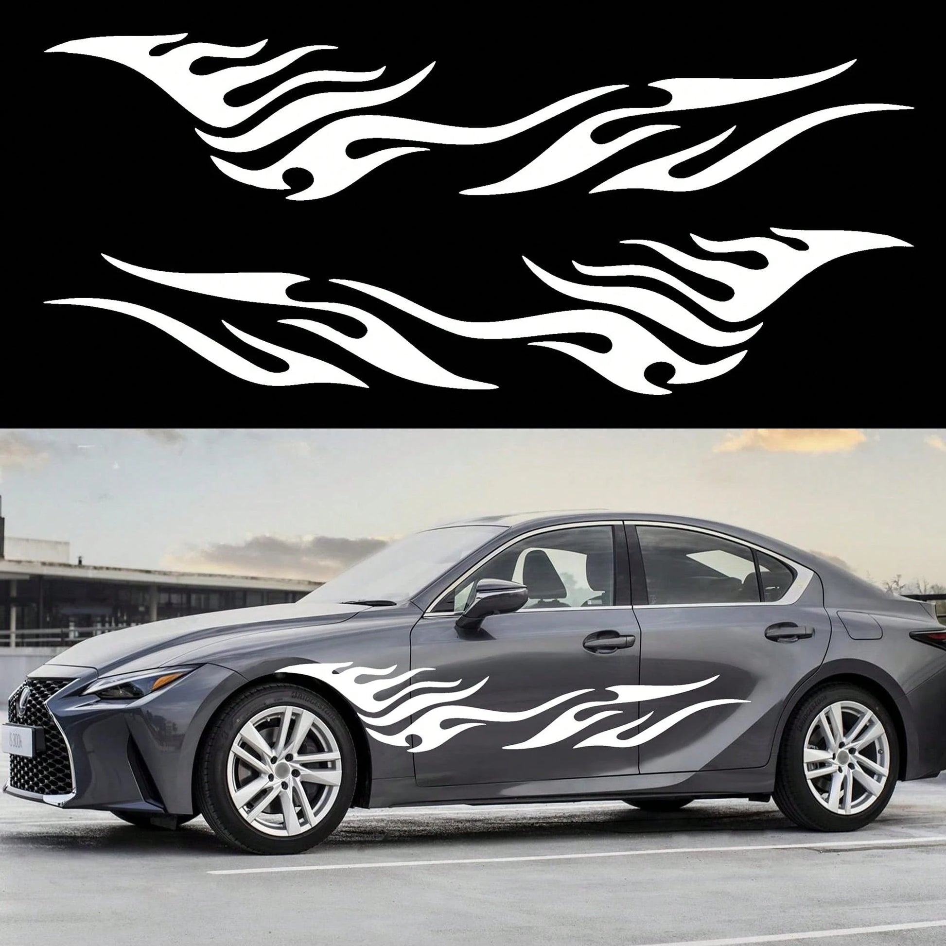 2Pcs 81 Inch Black Flame Racing Vinyl Car Side Decals, Waterproof Universal Body Stickers For Truck SUV Off-Road Vehicles