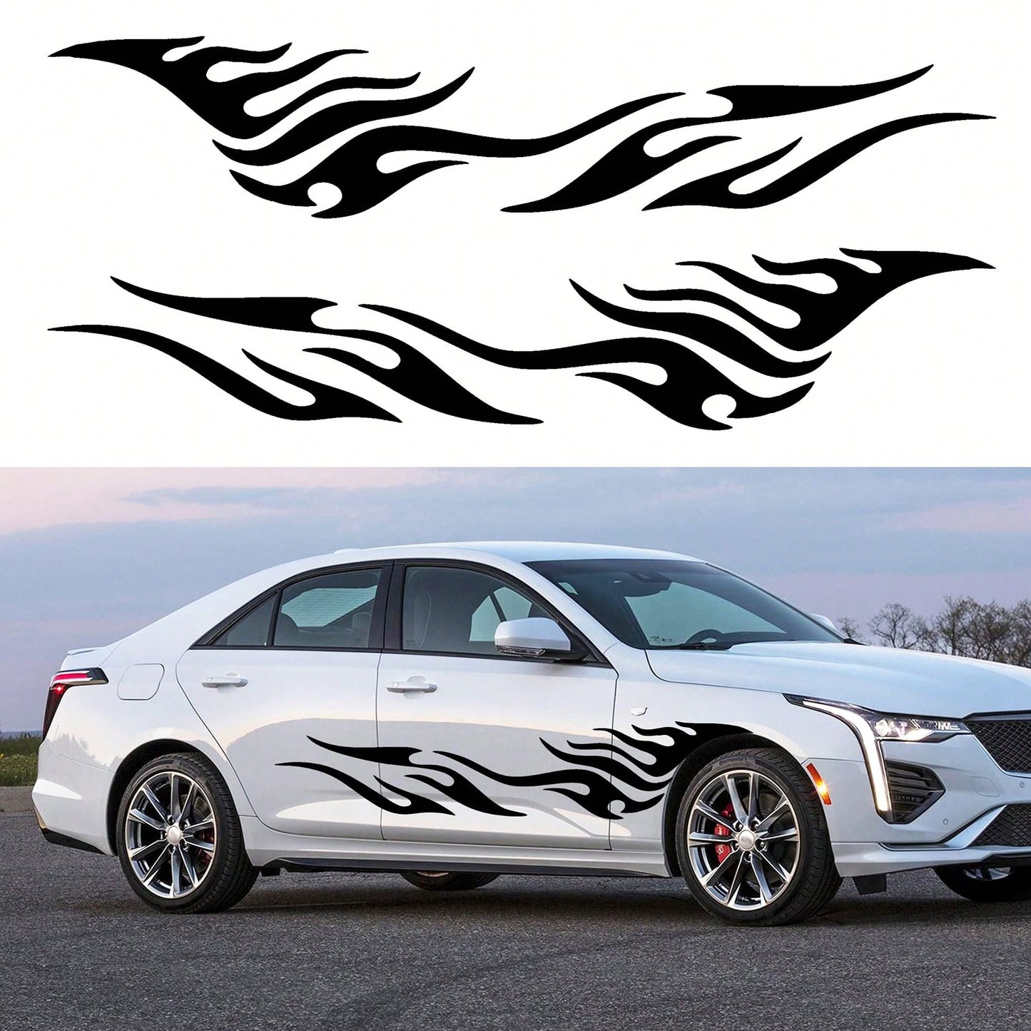 2Pcs 81 Inch Black Flame Racing Vinyl Car Side Decals, Waterproof Universal Body Stickers For Truck SUV Off-Road Vehicles