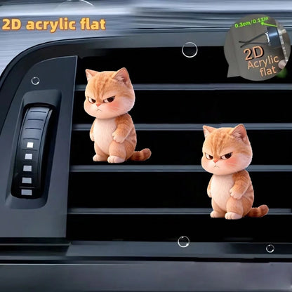 2pcs Acrylic Cute Angry Cat Car Air Vent Clip Decor, 2D Flat Cute Air Vent Decorative Accessories (With Unscented Sponge Pad, Can Add Perfume Yourself)