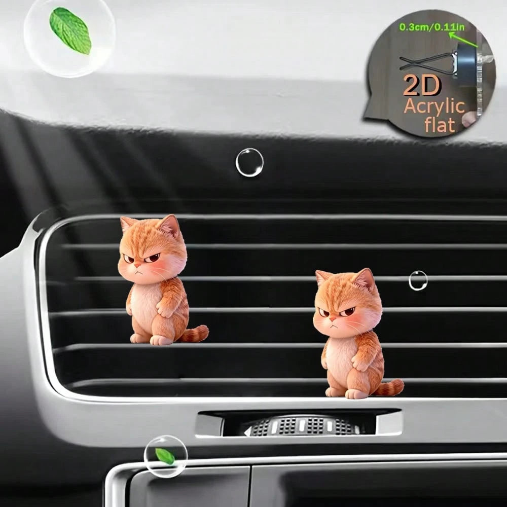 2pcs Acrylic Cute Angry Cat Car Air Vent Clip Decor, 2D Flat Cute Air Vent Decorative Accessories (With Unscented Sponge Pad, Can Add Perfume Yourself)