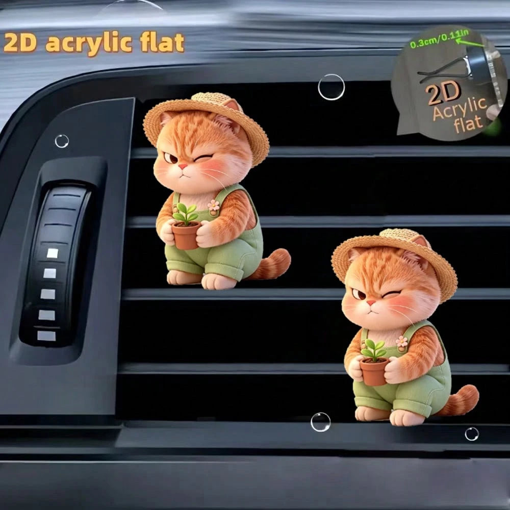 2pcs Acrylic Cute Angry Cat Car Air Vent Clip Decor, 2D Flat Cute Air Vent Decorative Accessories (With Unscented Sponge Pad, Can Add Perfume Yourself)