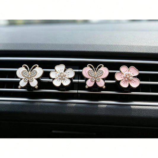 2pcs Alloy Rhinestone Butterfly Car Air Vent Clip Daisy Flower Car Aromatherapy Clip Creative Car Decor For Women