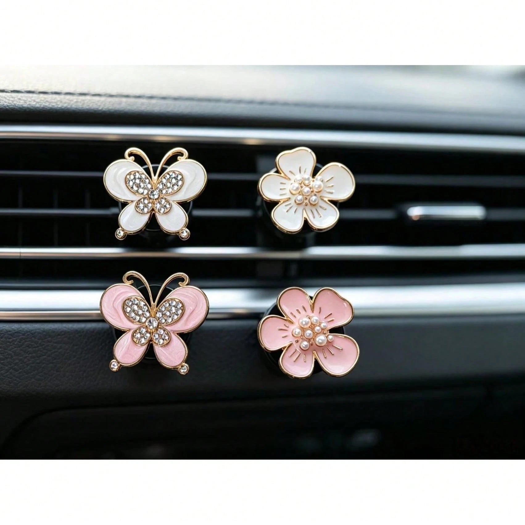 2pcs Alloy Rhinestone Butterfly Car Air Vent Clip Daisy Flower Car Aromatherapy Clip Creative Car Decor For Women